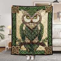 Celtic Owl Throw Blanket, Intricate Green Gold Knot Design, Woodland Owl Quilt for Nature Lovers, Ru