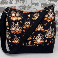 Halloween Owls Crossbody Bag Fall Season Shoulder Bag Harvest Owls Tote Bag Orange and Black Tote Ba