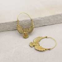Striking Brass Flying Owl Hoop Earrings | Boho Wisdom Statement Jewellery | Bird Dangle | Bohemian G