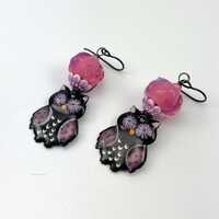 Purple Owl Earrings, Boho Pink Black Owl Earrings, Wisdom Earrings, Glass Enameled Earrings, ChrisKa