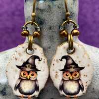 Ceramic Halloween Witchy Owl Earrimgs, 1.85 inch length.  Rustic beige, orange and black colors, see