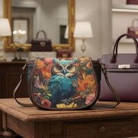 Midnight Owl Saddle Bag: Boho PU Leather Crossbody with Floral Art