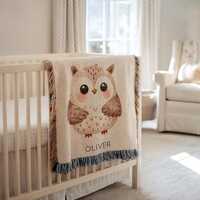 Personalized Owl Baby Blanket, Custom Name Woodland Animal Print Throw, Cozy Forest Nursery Bedding,