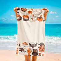 Halloween Printed Towel, Cute Spooky Pattern Beach Towel, Pumpkin Ghost Owl Design, Fun Fall Holiday