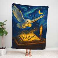 Custom Name Owl Blanket | Personalized Wizard Castle Throw, Fantasy Reading Gift for Kids or Book Lo