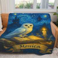 Custom Name Owl Blanket | Personalized Starry Night Throw, Fantasy Gift for Kids, Wizard Reading Noo