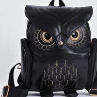 Black Owl PU Backpack with Zipper Closure and Adjustable Straps, Unisex Travel School Bag