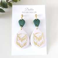 Pink and green owl print earrings