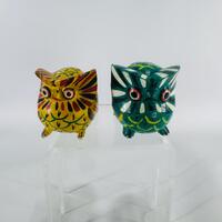 Vintage Hand-Painted Wooden Owls (Set of 2) &bull; Mini Folk Art Figurines &bull; Tiny 2" Desk 