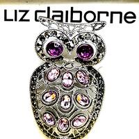 Vintage Liz Claiborne Owl Brooch: Purple Rhinestone Bird Pin