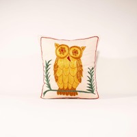 Handmade Silk Suzani Pillow Cover: Yellow Owl Embroidery, Boho Cushion