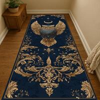 Golden Owl Runner Rug: Blue Night Sky Crescent Moon Design, Elegant Celestial Decor Carpet