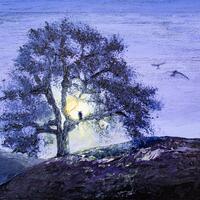 Amethyst Morning Moon, Owls in Moonlight, Violet Pre-Dawn, Purple Twilight, Golden Moon, Original Fr