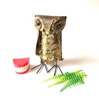 Vintage 70s metal OWL SCULPTURE brutalist gold Bird mid century modern art Jere Bustamonte style fig