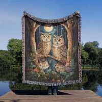 Boho Couple of Owls Woven Throw Blanket| 100% Cotton Throw, Moonlit Forest Tapestry, Rustic Woodland