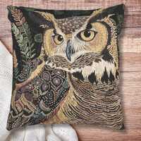 Great Horned Owl Woven Pillow – Tapestry Cushion | Boho Forest Decor, Whimsical Animal Throw P