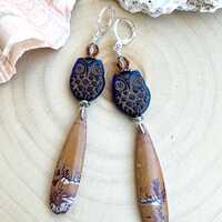 Owl earrings, rhyolite jasper drops with Swarovski crystal
