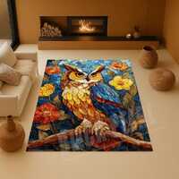 Owl Mosaic Rug: Colorful Flowers, Leaves, and Tree Branch Design