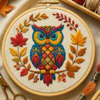 Autumn Owl Embroidery Pattern: Floral Leaves Hoop Art (PDF Download)