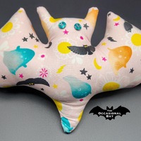 Pink Bat Pillow with Ghosts, Owls, Flowers, and Stars