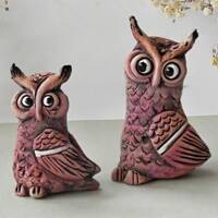 Handmade Ceramic Owl Set: Two Unique Animal Art Figurines, One-of-a-Kind Miniature Gift 6,4 cm