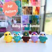 Crochet Baby Birds Pattern Bundle, Amigurumi no sew Chick, Penguin, Owl, Budgie, Mallard Duck