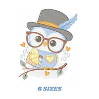 Owl embroidery design - Bird with glasses machine embroidery pattern - Baby Boy Owl with Top hat and