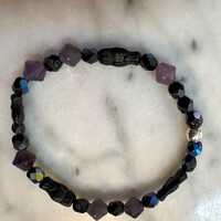 Czech Glass Owl Bracelet, Owl Bracelet, Black Beaded Bracelet, Stretch Bracelet, Amethyst Bicone Bra