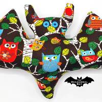 Brown Bat Pillow: Colorful Owl Print, Decorative Ribbon Hanger