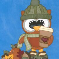 AUTUMN OWL with green hat. Fall Pumpkin Spice Latte. Scrapbook Embellishment. Handmade die cut. Pape