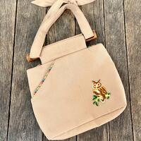 Vintage Owl Patch Canvas Purse - 1980s Wooden Handle Bag