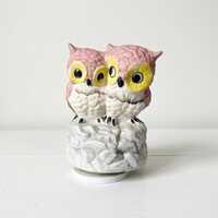 Vintage Pink and Yellow Owl Wind-Up Music Figurine &ndash; Ceramic Rotating Whimsical Kitschy Wide E