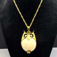 Crown Trifari White Lucite Owl Pendant and Gold Tone Chain
