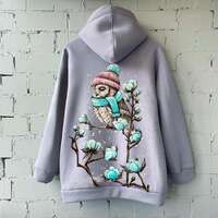 Hand-Painted Hoodie Owl in a Hat and Cotton Branches Design, Cozy Winter Sweatshirt, Custom Art Hood