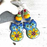 Artisan Enameled Owl Earrings: Sterling Silver Boho Flower Owls