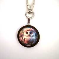 White Owl with Pink Flower Wreath Image on this Dark Brown Wood Pendant on a Metal Purse Clip for De