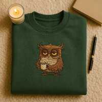 Sleepy Owl Embroidered Sweatshirt, Tired Coffee Lover Gift, Funny Owl With Coffee Mug Crewneck, Nigh