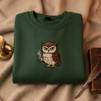 Pocket Owl with Coffee Embroidered Sweatshirt, Minimalist Bird Hoodie, Tiny Owl Patch Tee, Librarian