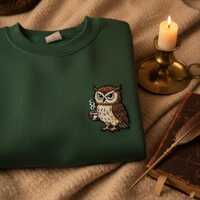 Grumpy Owl with Coffee Embroidered Sweatshirt, Cottagecore Bird Hoodie, Librarian Academia Gift, Boo