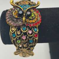 Vintage Gold Tone Owl Clamper Cuff Bracelet: Multi-Colored Rhinestone Jewelry