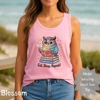 Eat Sleep Read Repeat tanktop, owl reading design, book lover gift, cozy bibliophile apparel, cute o