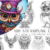100 Steampunk Owl Coloring Pages - Instant PDF Digital Download, Printable Adult and Kids Fantasy Fu