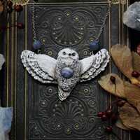 Snowy Owl Pendant with Sodalite • Handmade Polymer Clay Necklace • Winter Forest Jewelry &
