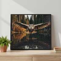 Majestic Owl in Flight Puzzle - Owl Refection Jigsaw Puzzle -  Over Forest Lake Puzzle - Family Nigh