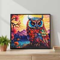 Colorful Owl at Sunset Puzzle - Vibrant Nature Art Jigsaw Puzzle - Mountains and Flowers Wildlife Pu