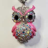 Vintage Y2K Betsey Johnson Owl Necklace - Silver Tone w/ Pink Enamel and AB and Clear Rhinestones
