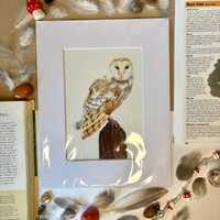 Mounted Barn Owl Print, Nature Watercolour Illustration