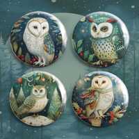 Christmas Owls Magnet Set – 4 Watercolor Owl Magnets, 1” Holiday Woodland Art Refrigerat