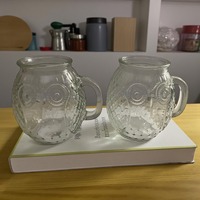 Pair of Clear Glass Owl Mugs – Textured Owl Design Coffee Cups – Retro Clear Glass Drink