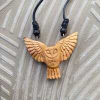 Hand Carved Owl Pendant Necklace, Santigi Wood Charm, Eco Friendly